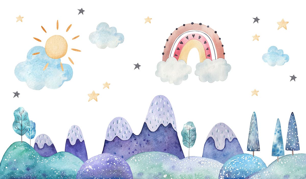 Watercolor Mountains Rainbow Clouds Kids Room Wallpaper pattern detail