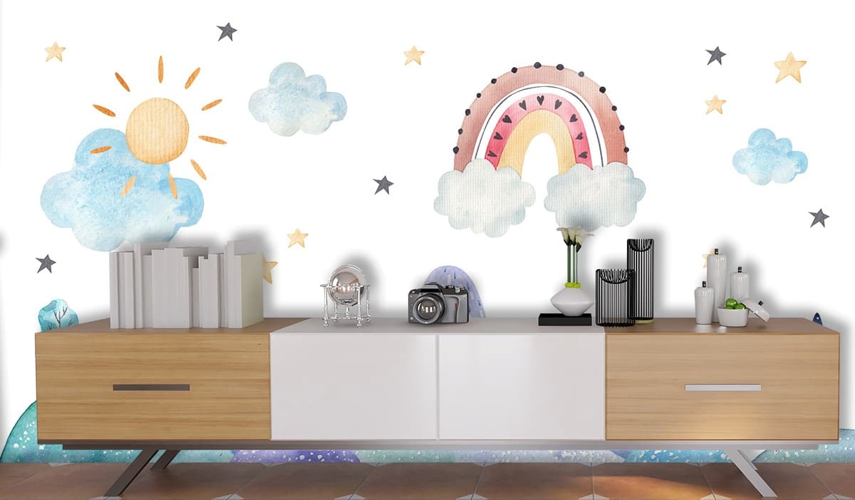 Watercolor Mountains Rainbow Clouds Kids Room Wallpaper shown in a room