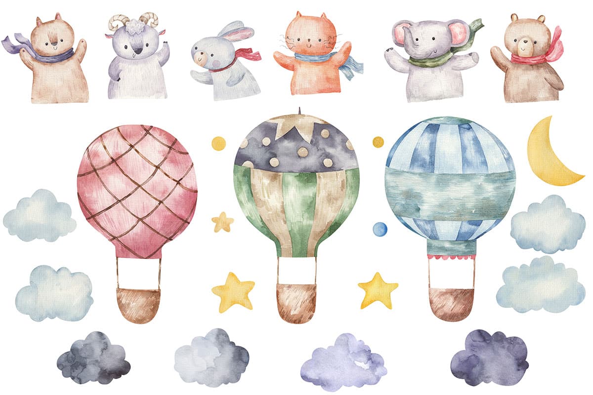 Watercolor Cartoon Animals Collection Kids Room Wallpaper pattern detail
