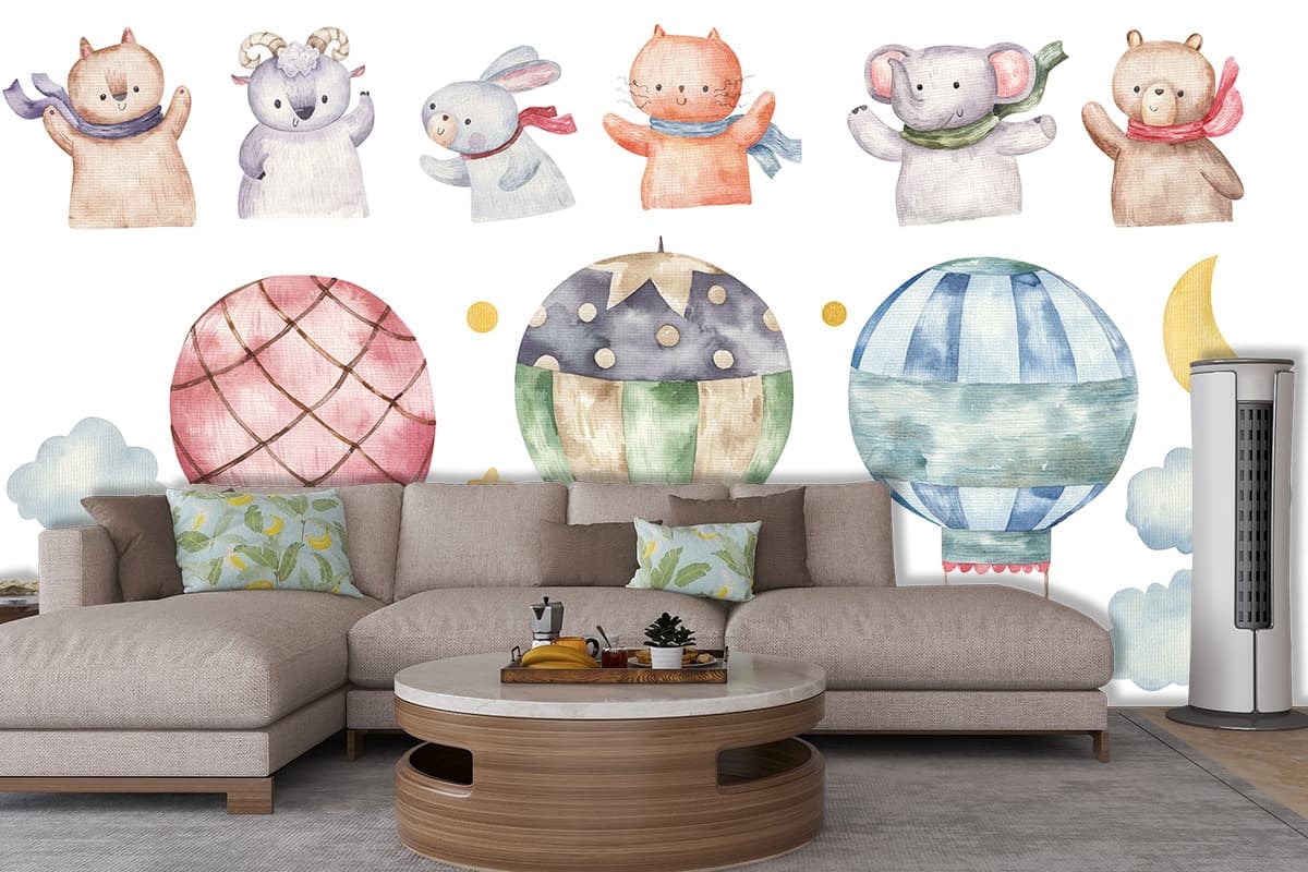 Watercolor Cartoon Animals Collection Kids Room Wallpaper shown in a room