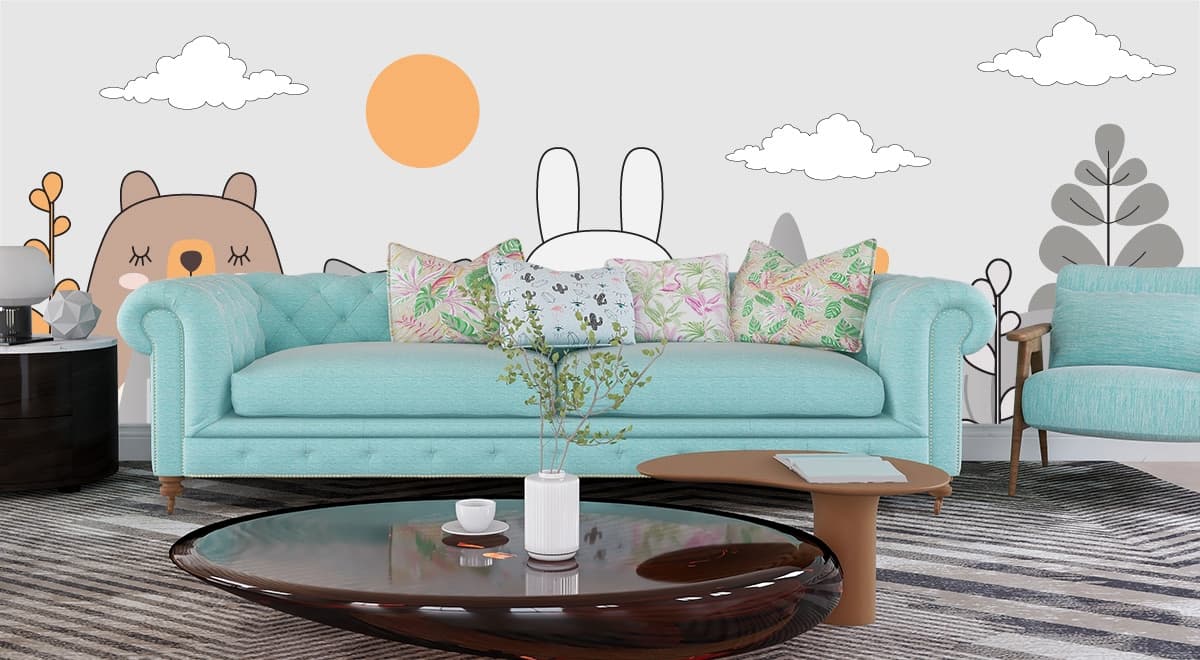 Kids Room Funny Cartoon Wallpaper for Wall shown in a room