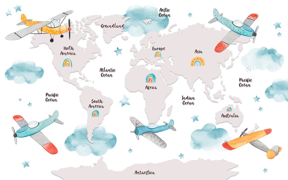 World Map with Cartoon Airplanes and Clouds Wallpaper pattern detail