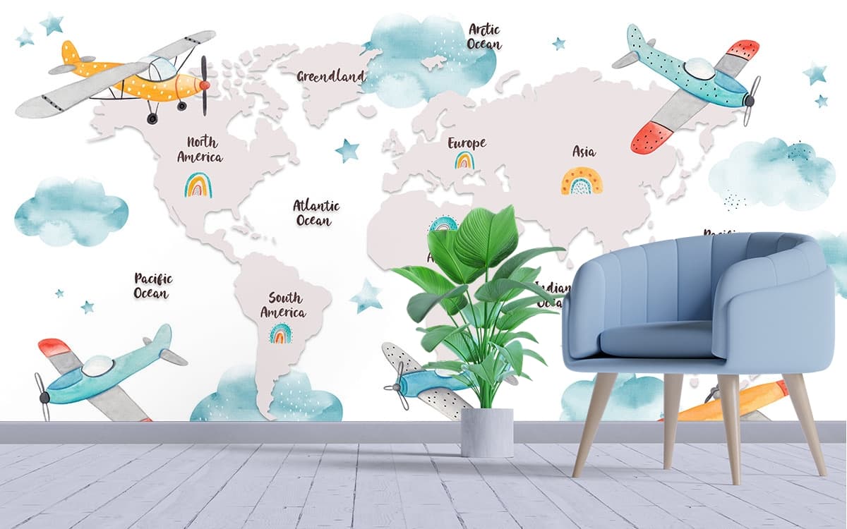World Map with Cartoon Airplanes and Clouds Wallpaper shown in a room
