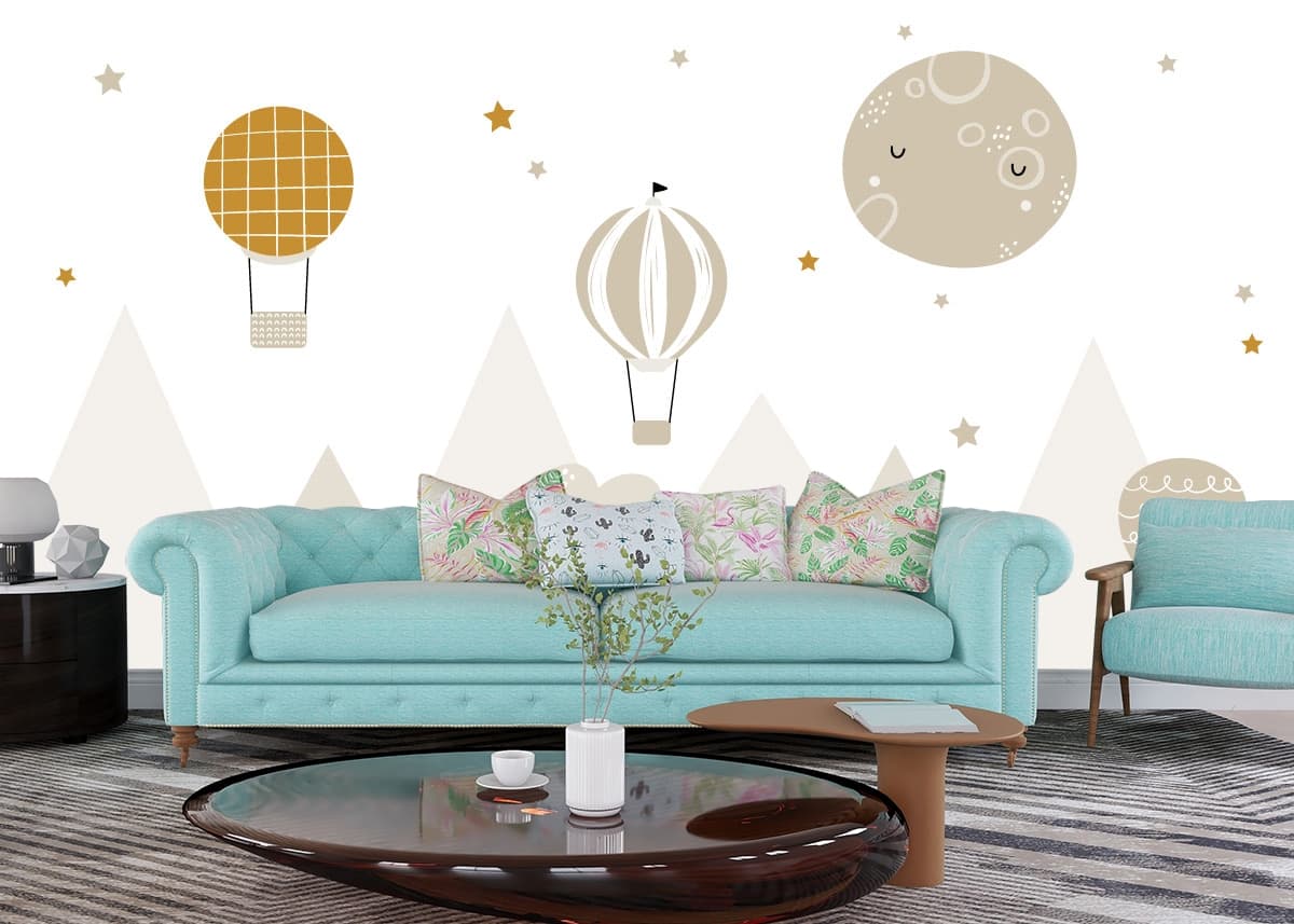 Colorful Hot Air Balloons Sky Theme Kids Room Wallpaper shown in a room