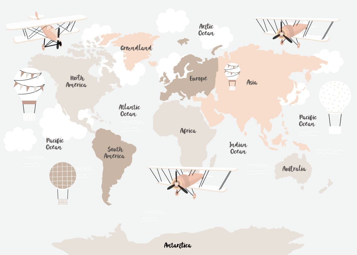 Cartoon World Map with Flying Airplanes Wallpaper pattern detail