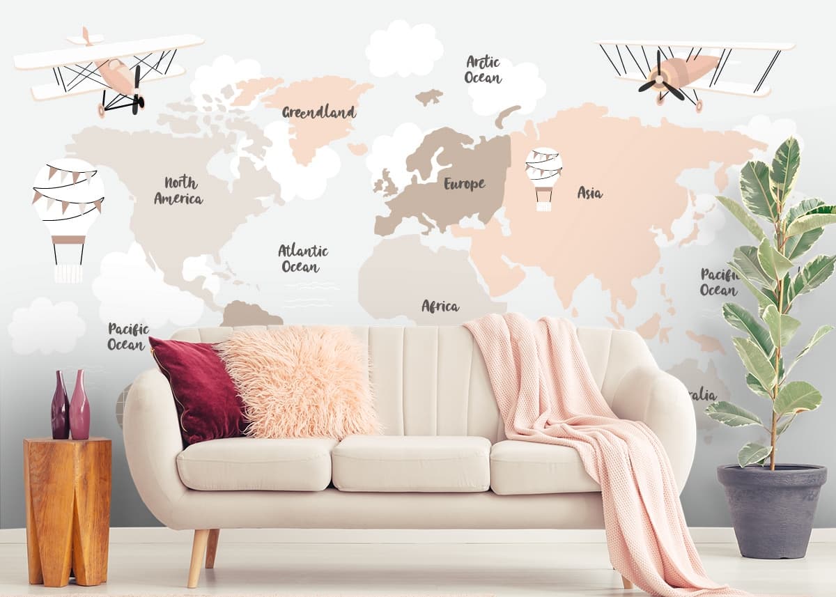 Cartoon World Map with Flying Airplanes Wallpaper shown in a room