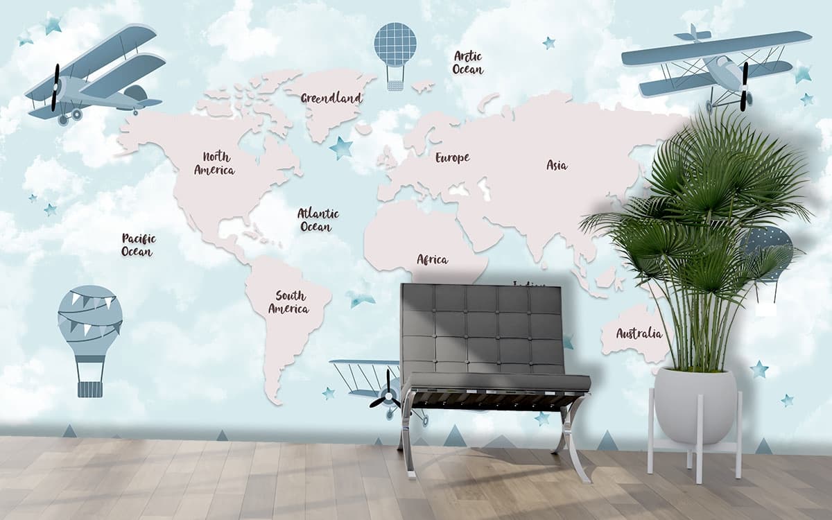 Educational Kids Room World Map Design Wallpaper shown in a room