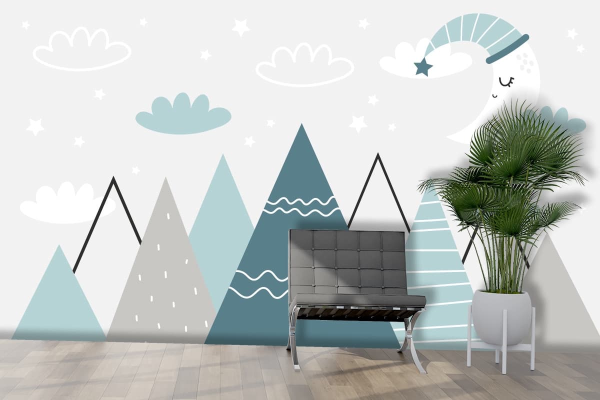 Cartoon Mountains and Trees Nature Kids Wallpaper shown in a room