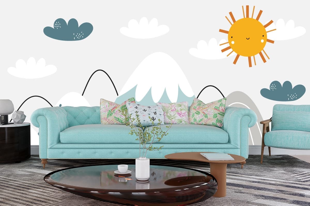 Cartoon Mountains and Sun Scenic Kids Wallpaper shown in a room
