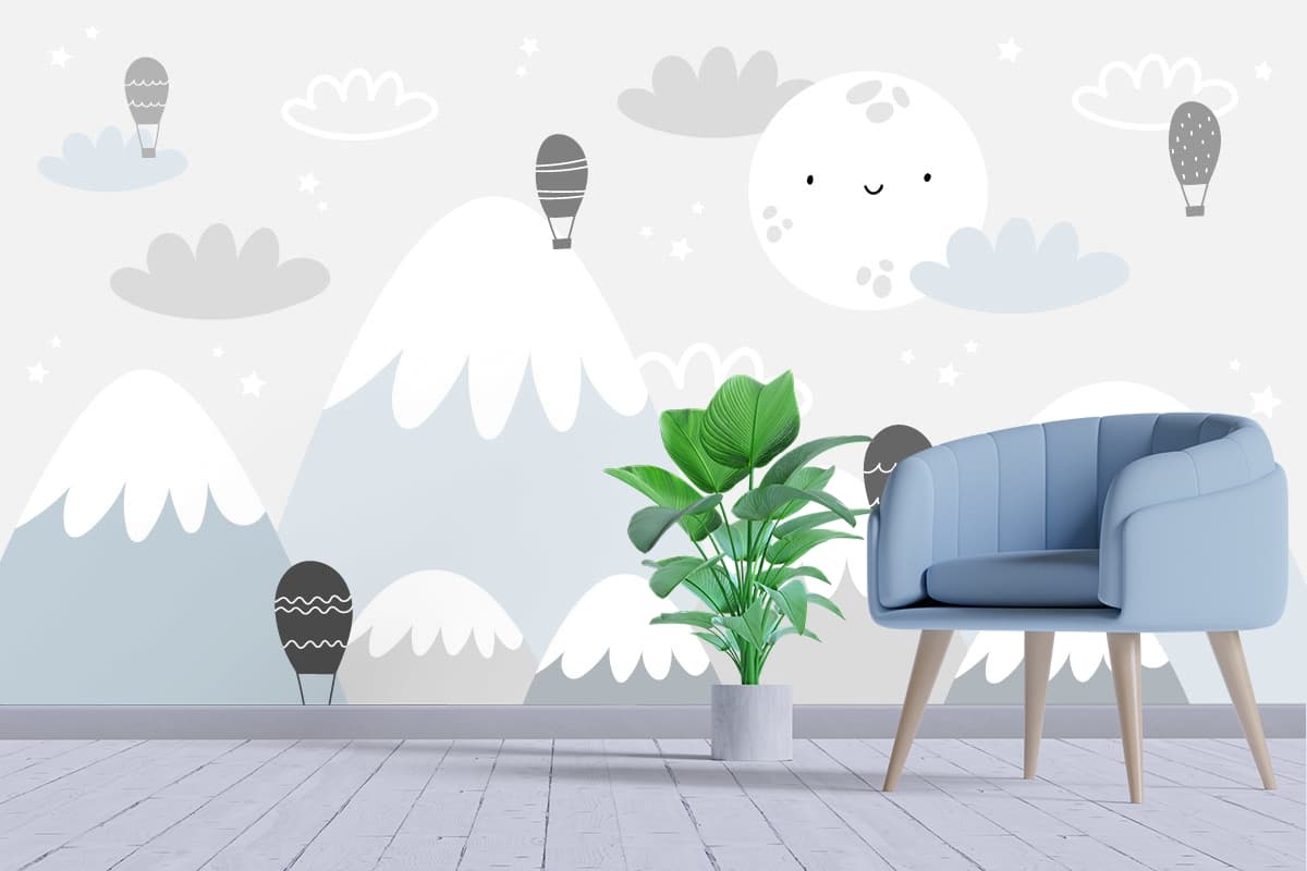 Kids Room Wallpaper, Smiling Moon And Mountains shown in a room