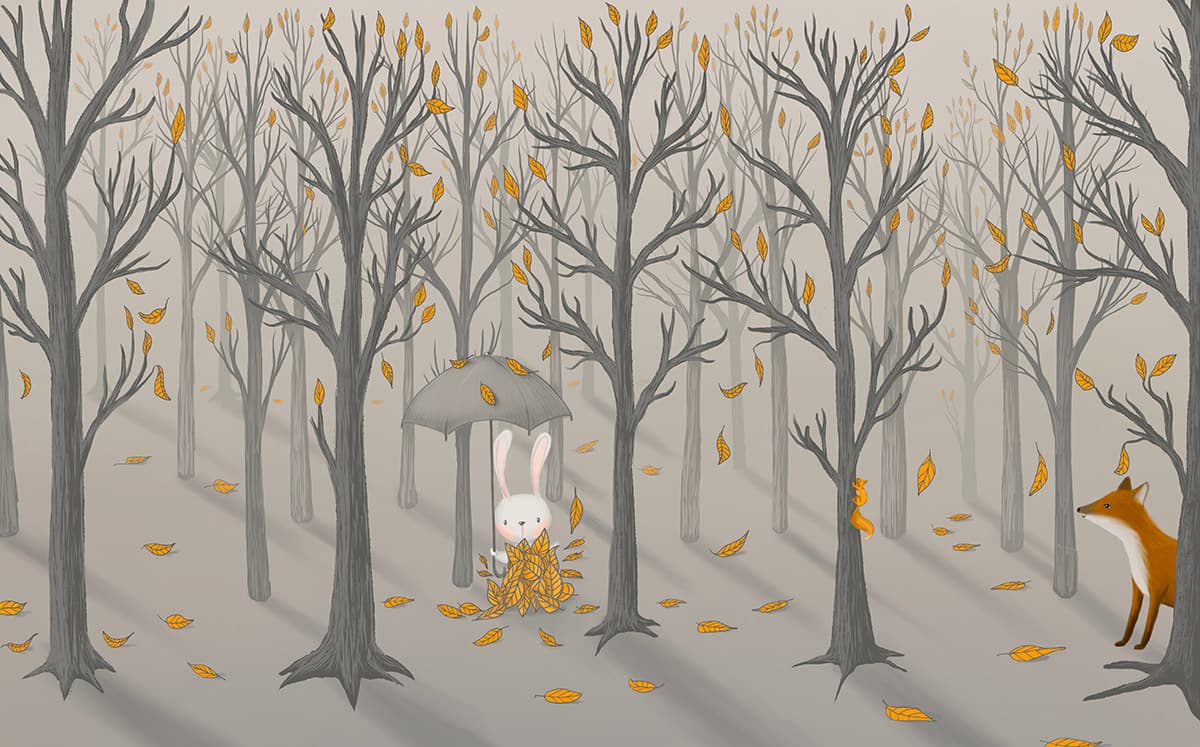 Kids Room Wallpaper, Rabbit With Umbrella in Forest pattern detail