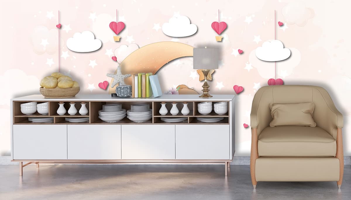 Dreamy Sleeping Bear Cloud Nursery Wallpaper shown in a room