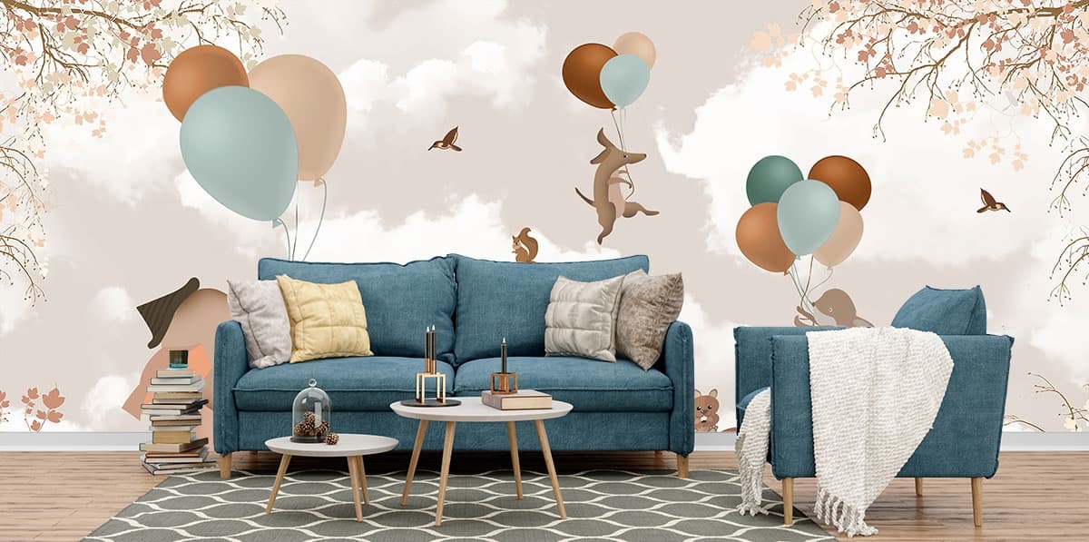Adorable Animals Sailing in a Boat Kids Theme Wallpaper shown in a room