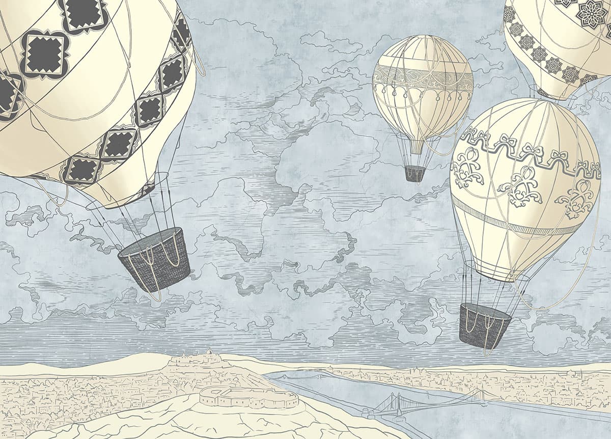 Hot Air Balloons in the Sky Kids Room Wallpaper pattern detail
