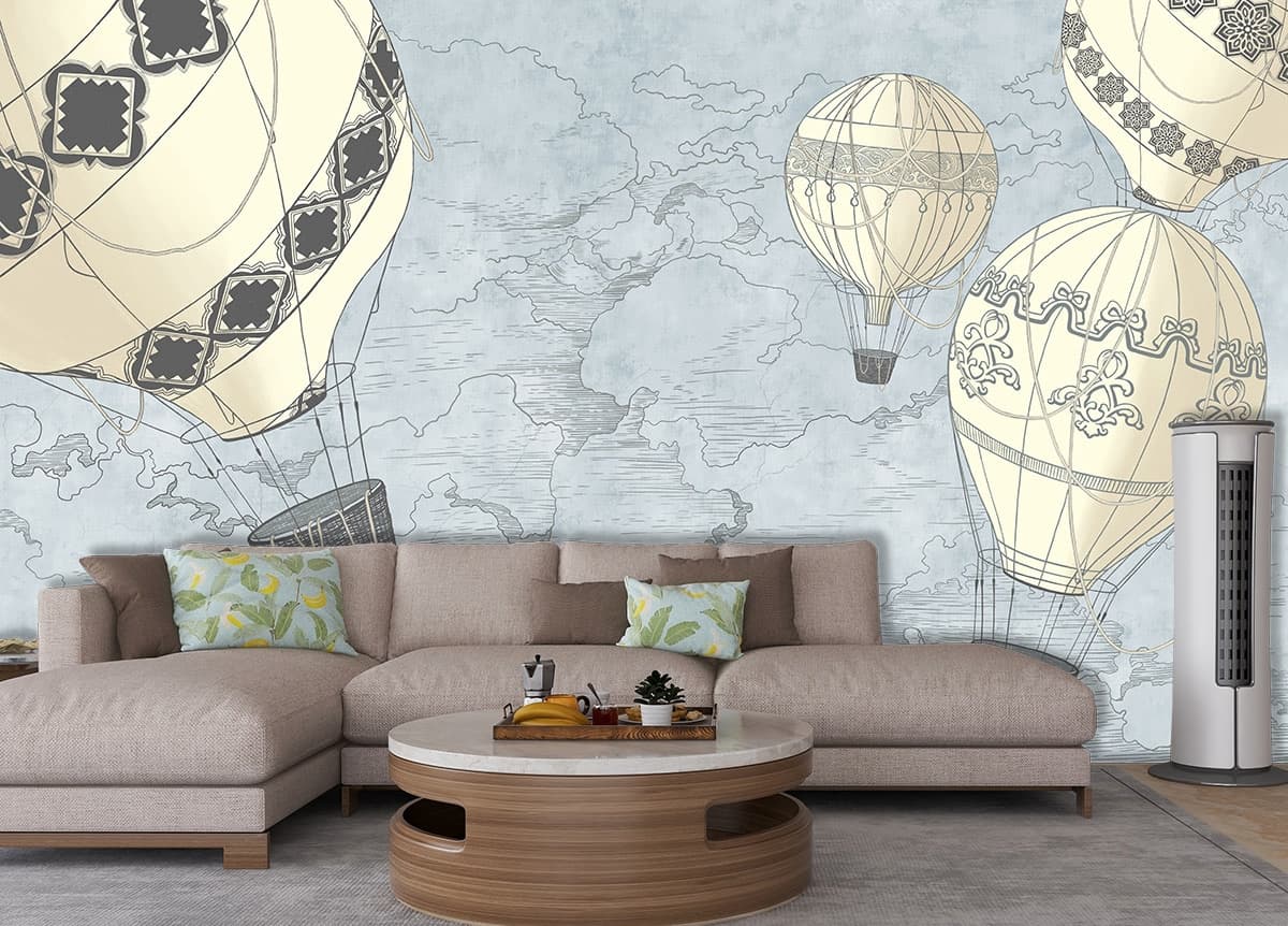 Hot Air Balloons in the Sky Kids Room Wallpaper shown in a room