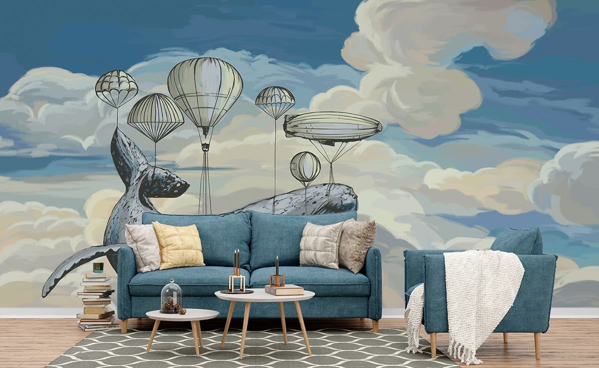 Whale with Hot Air Balloons Fantasy Kids Room Wallpaper shown in a room