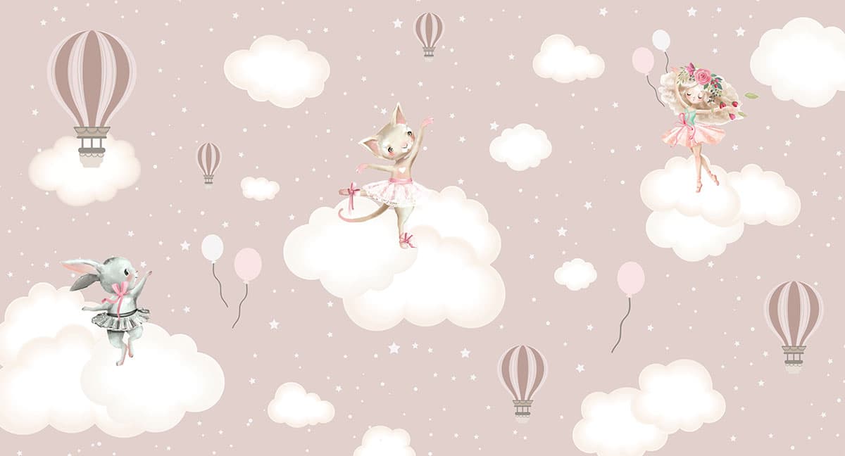 Cute Cat Sitting on a Cloud Kids Room Wallpaper pattern detail