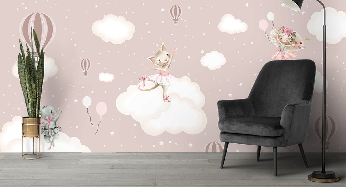 Cute Cat Sitting on a Cloud Kids Room Wallpaper shown in a room