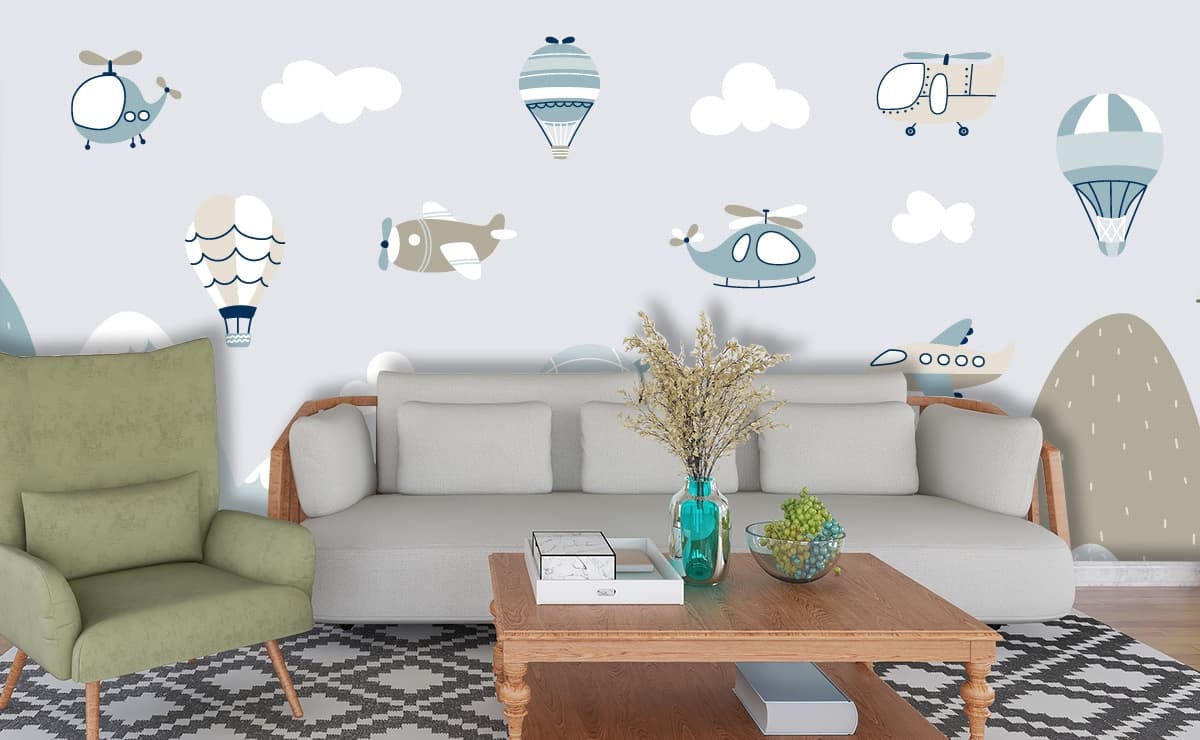Kids Mountains and Airplanes Adventure Theme Wallpaper shown in a room