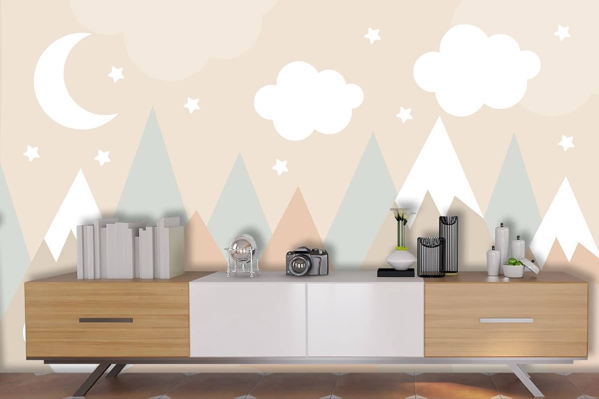Beautiful Mountains with Soft Clouds Wallpaper shown in a room