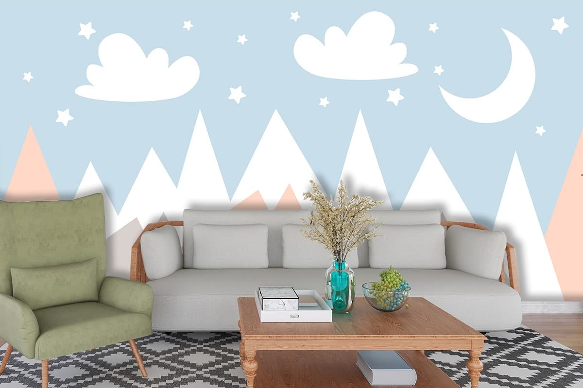 Starry Mountain Range with Clouds Scenic Wallpaper shown in a room