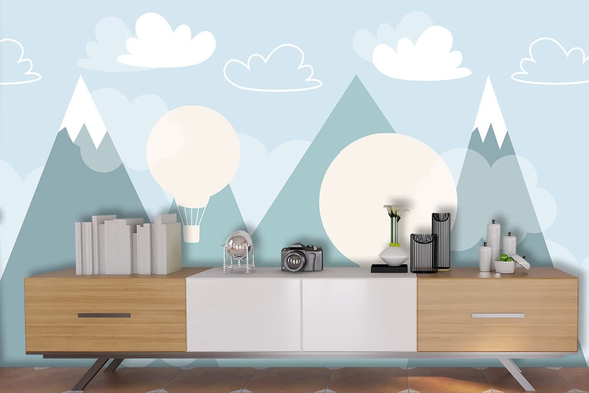 Hot Air Balloons Flying Over Mountains Mural Wallpaper shown in a room