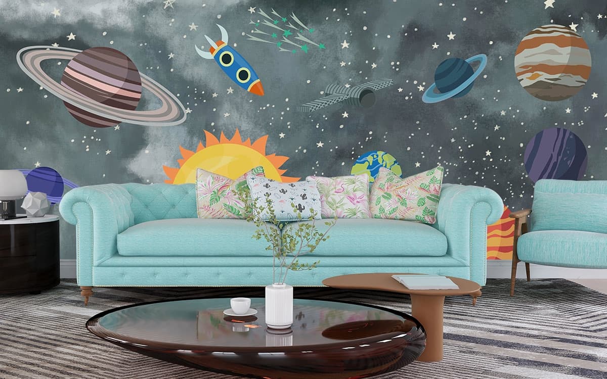 Planet in Space Kids Wallpaper Mural shown in a room