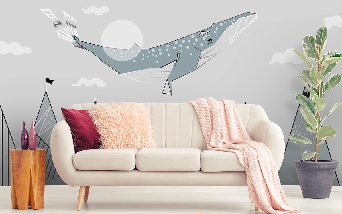 Abstract Waves, Rocks and Misty Smoke Wallpaper shown in a room