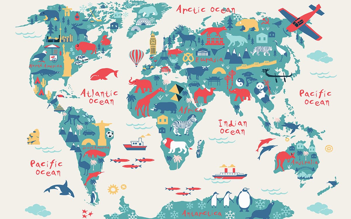 World Map with Animals Kids Educational Wall Design wallpaper pattern detail