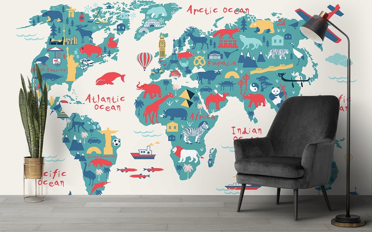 World Map with Animals Kids Educational Wall Design wallpaper shown in a room
