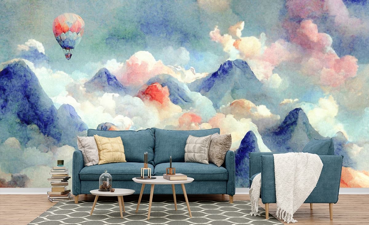 Elegant Balloon Sky Scene for Modern Interiors Wallpaper shown in a room