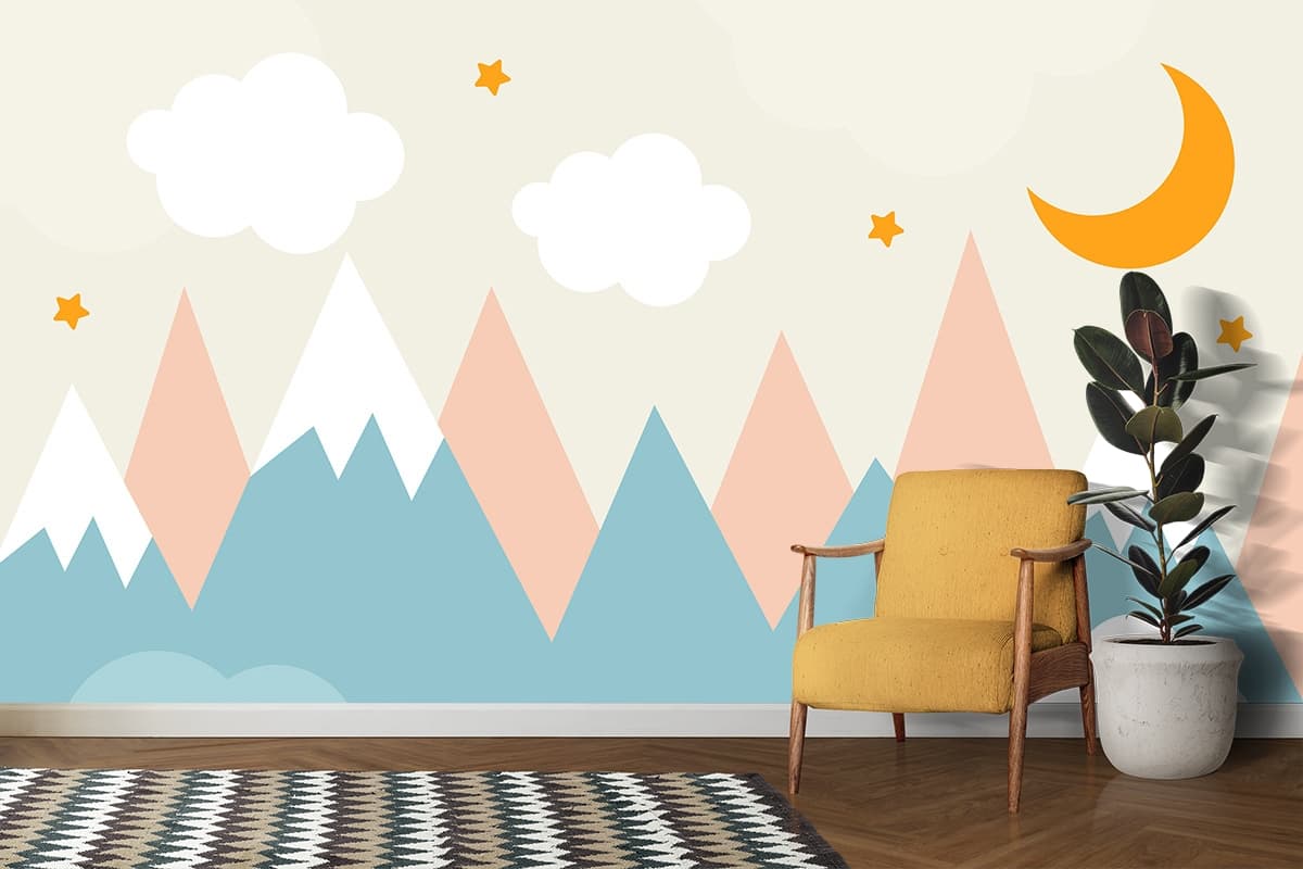 Beautiful Mountains Under Stars and Clouds Wallpaper shown in a room