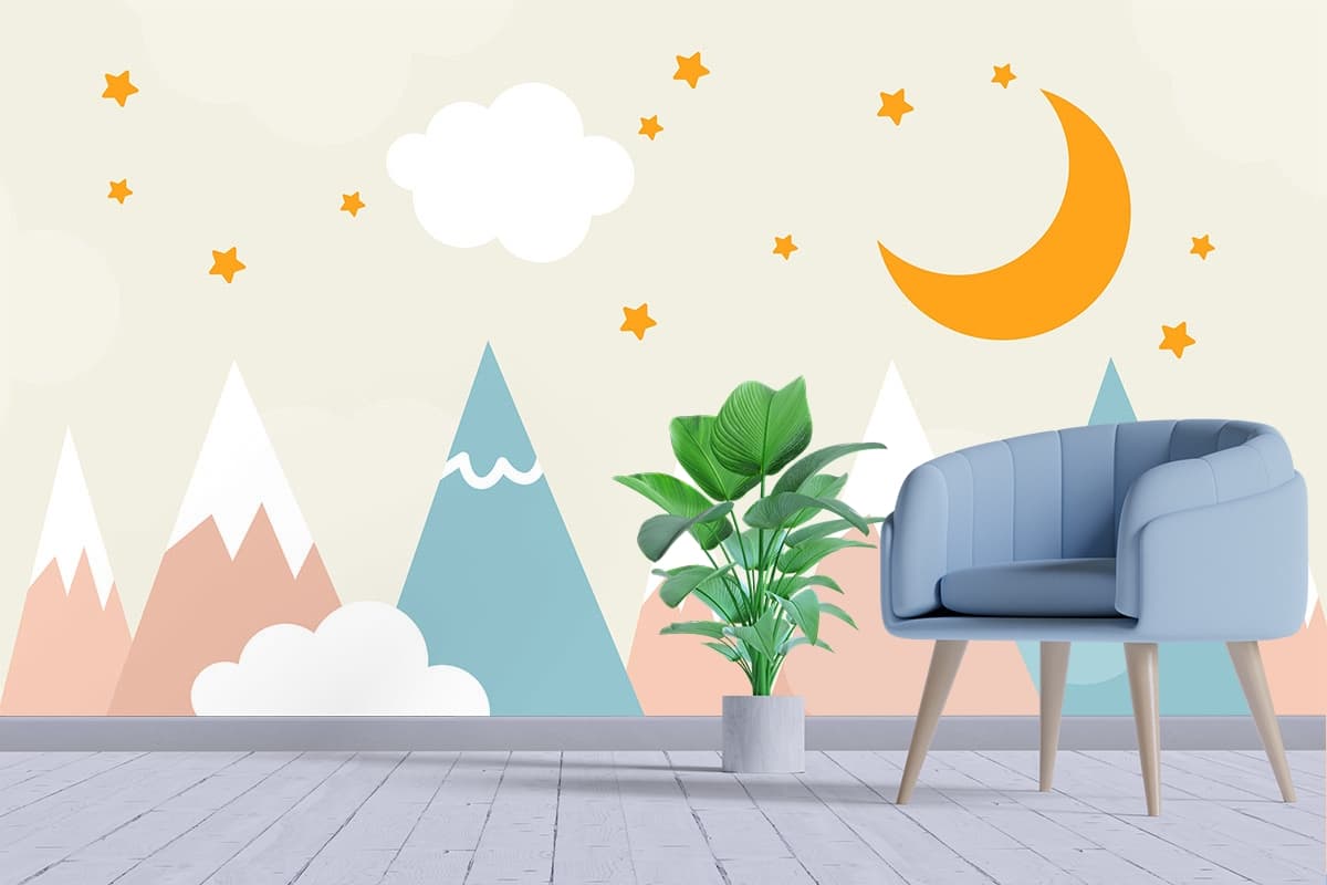 Fantasy Moon Clouds Mountain View Wallpaper shown in a room