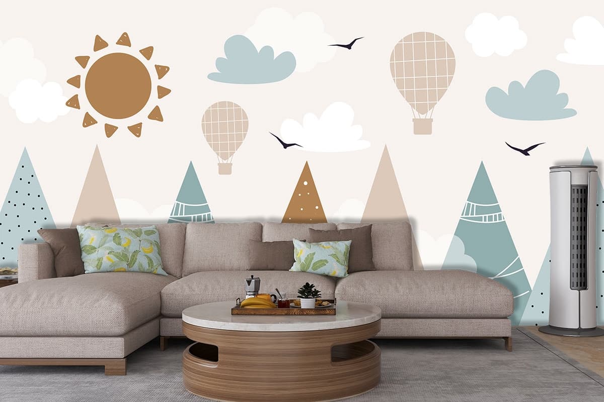 Dreamy Trees and Balloon Sky Landscape Wallpaper shown in a room