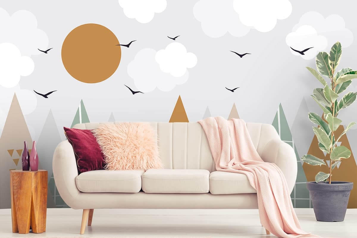 Elegant Trees and Birds Nature Design Wallpaper shown in a room