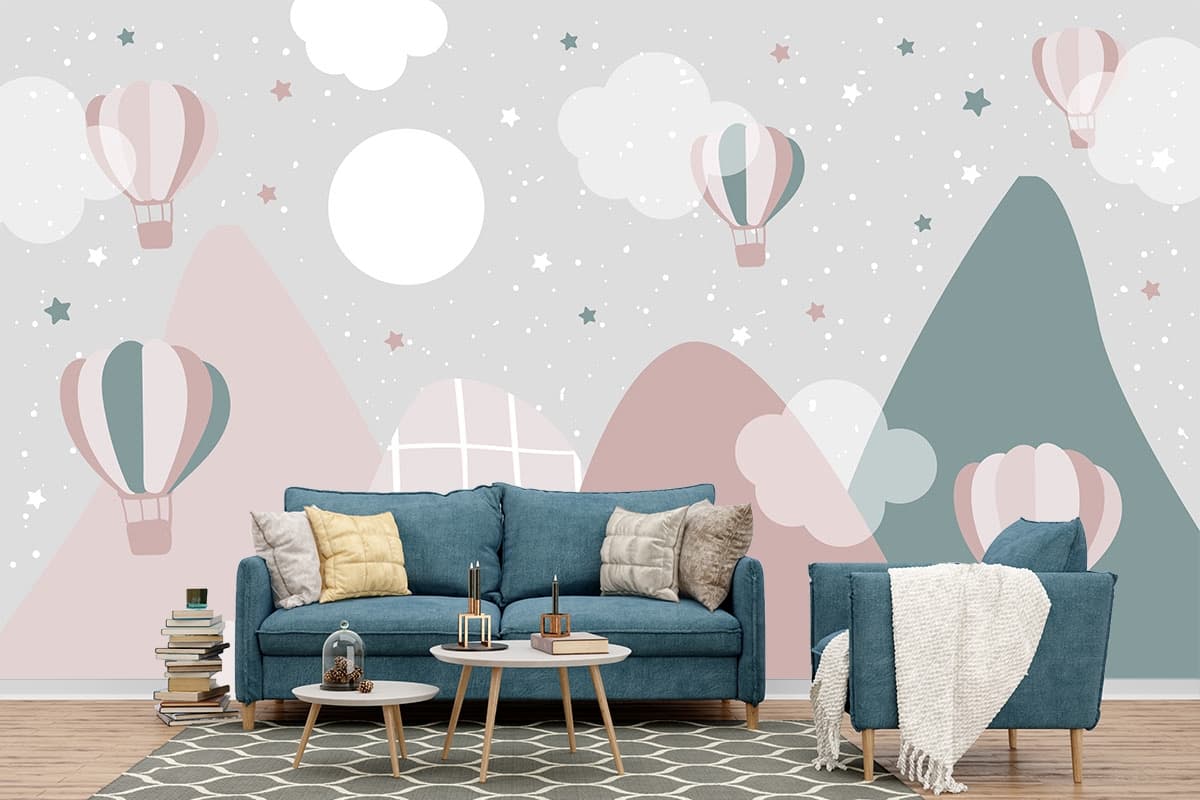 Dreamy Mountains and Hot Air Balloons Wallpaper shown in a room