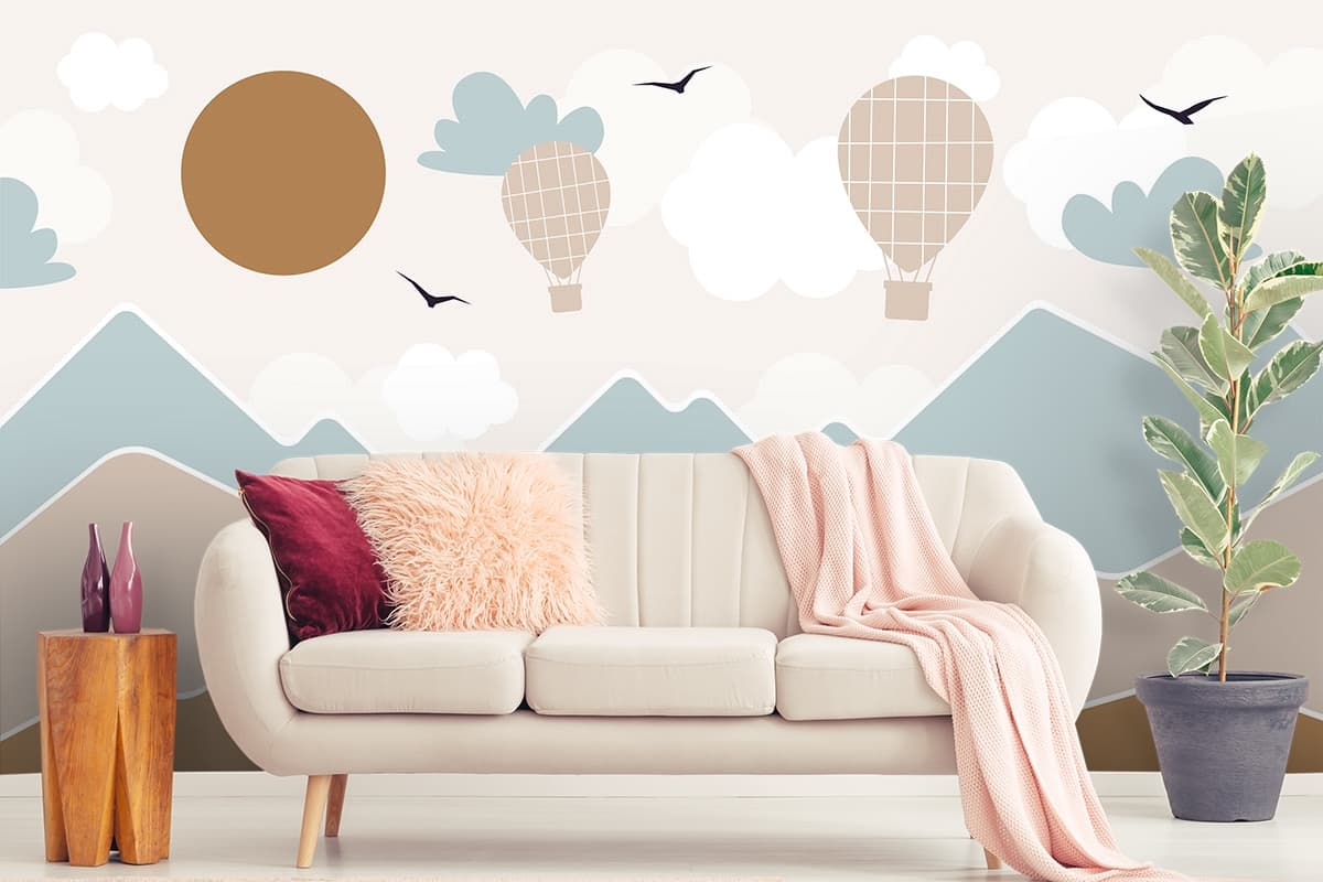 Luxury Scenic Mountains and Balloons Wall Wallpaper shown in a room