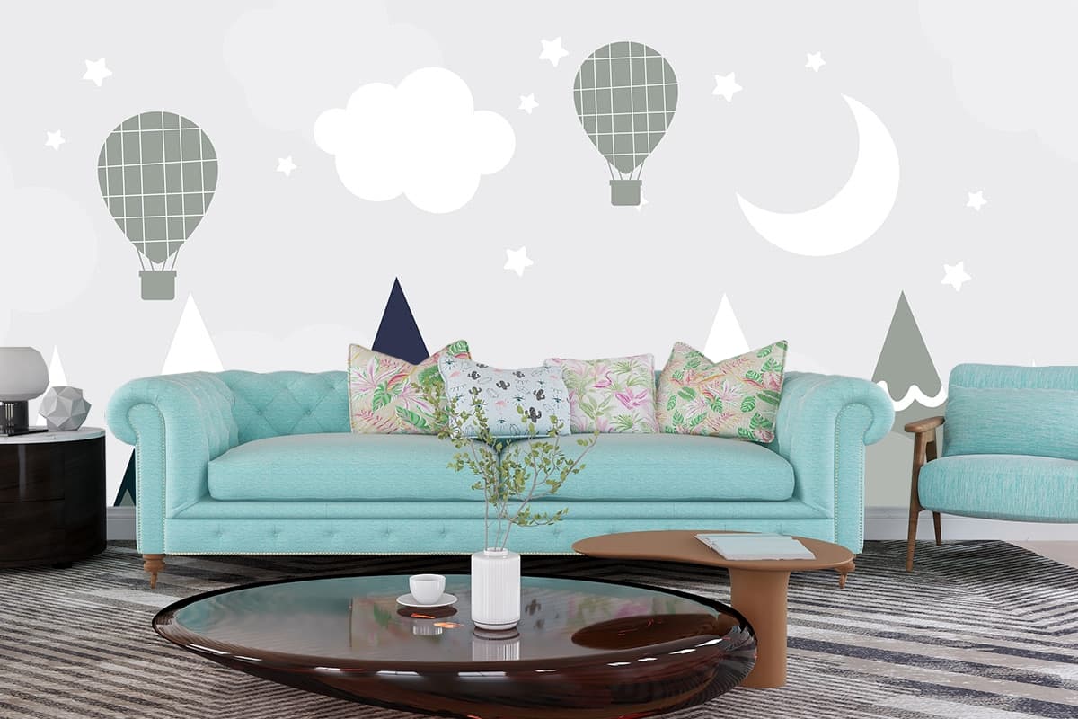 Landscape with Mountains and Hot Air Balloons Wallpaper shown in a room