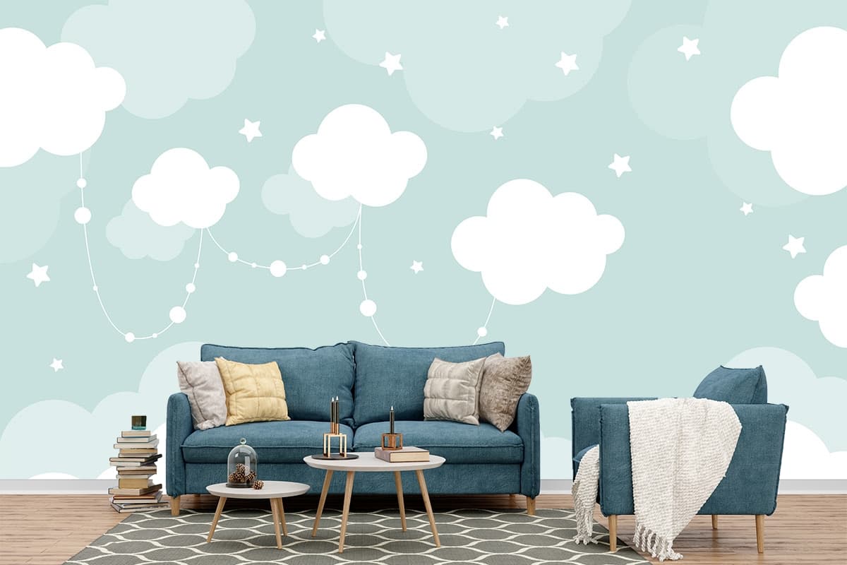 Soothing Clouds and Stars in the Sky Mural Wallpaper shown in a room