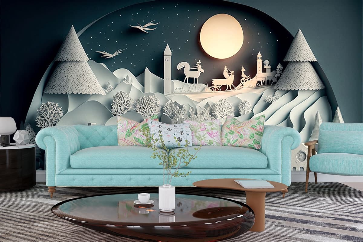Paper Cut City Skyline Artistic Modern Wallpaper shown in a room