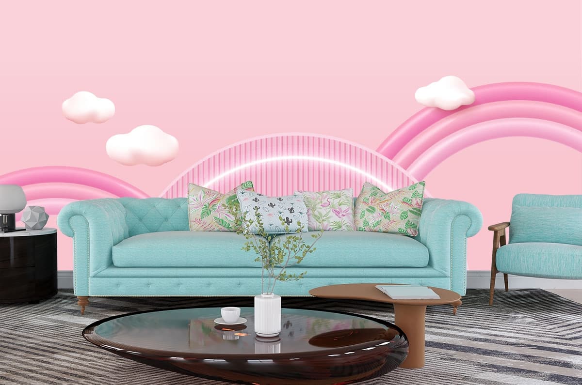 Elegant pink and white dream scene wall art wallpaper shown in a room