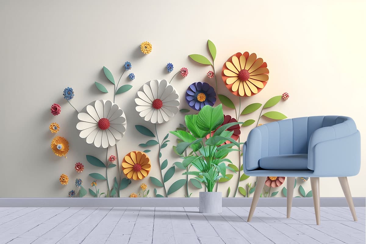 Multi Coloured 3d Flowers wallpaper shown in a room