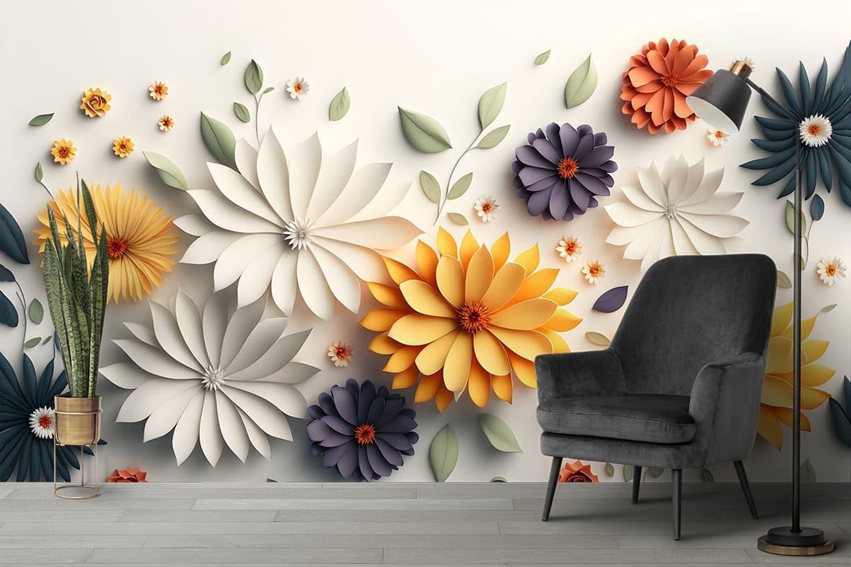 Multi Colour 3d Wallpaper with Flowers shown in a room