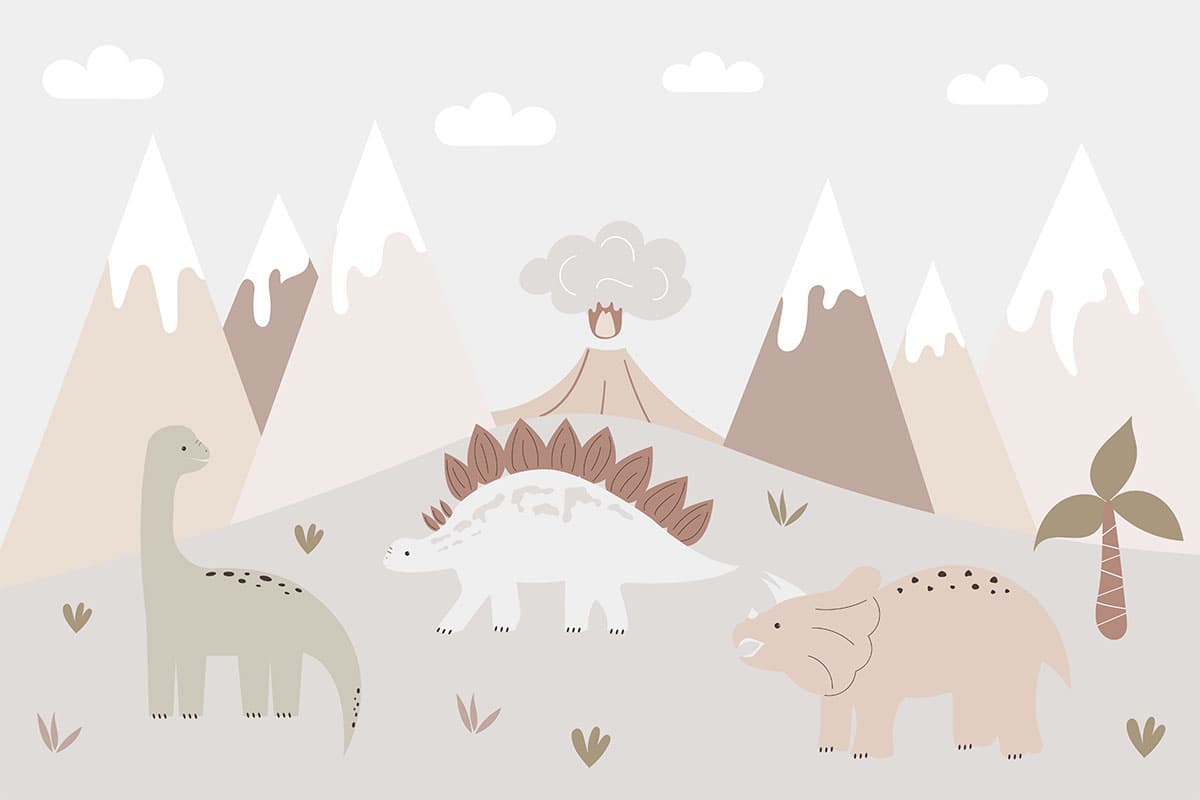 Cartoon Dinosaurs in a Landscape Kids Room Wallpaper pattern detail