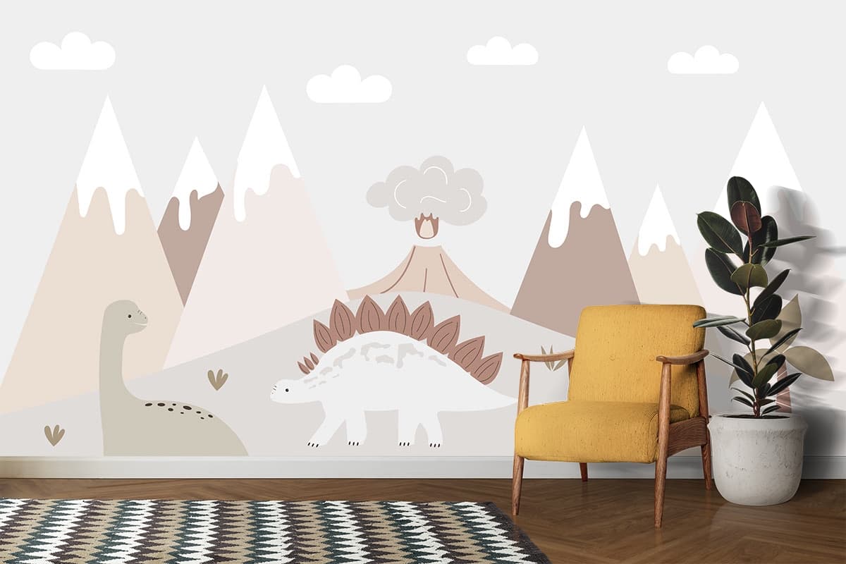Cartoon Dinosaurs in a Landscape Kids Room Wallpaper shown in a room