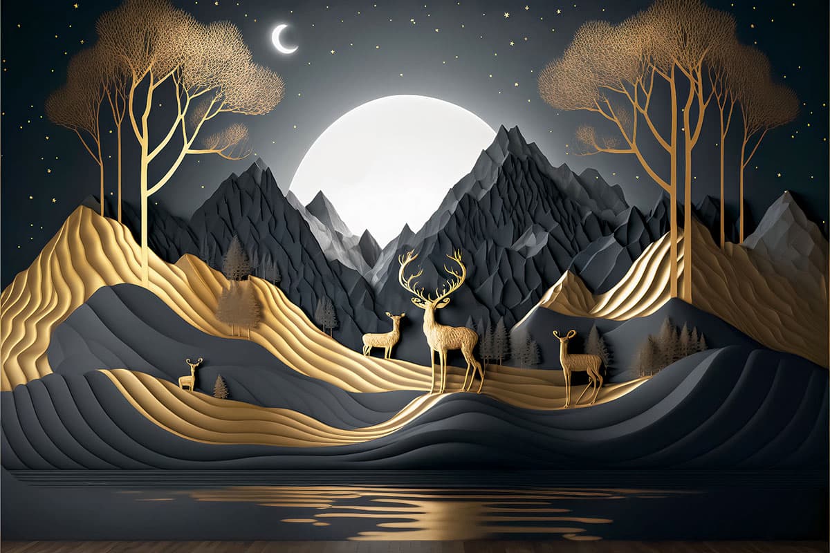 Mountain Landscape with Deer and Trees Nature Wallpaper pattern detail