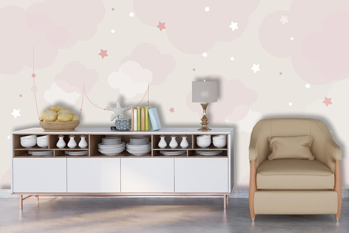 Dreamy Pink Clouds and Stars Kids Room Wallpaper shown in a room