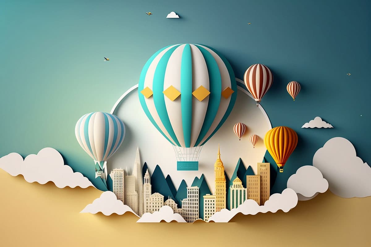 City With Hot Air Balloons Kids Room Wallpaper pattern detail