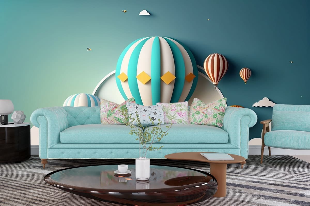 City With Hot Air Balloons Kids Room Wallpaper shown in a room