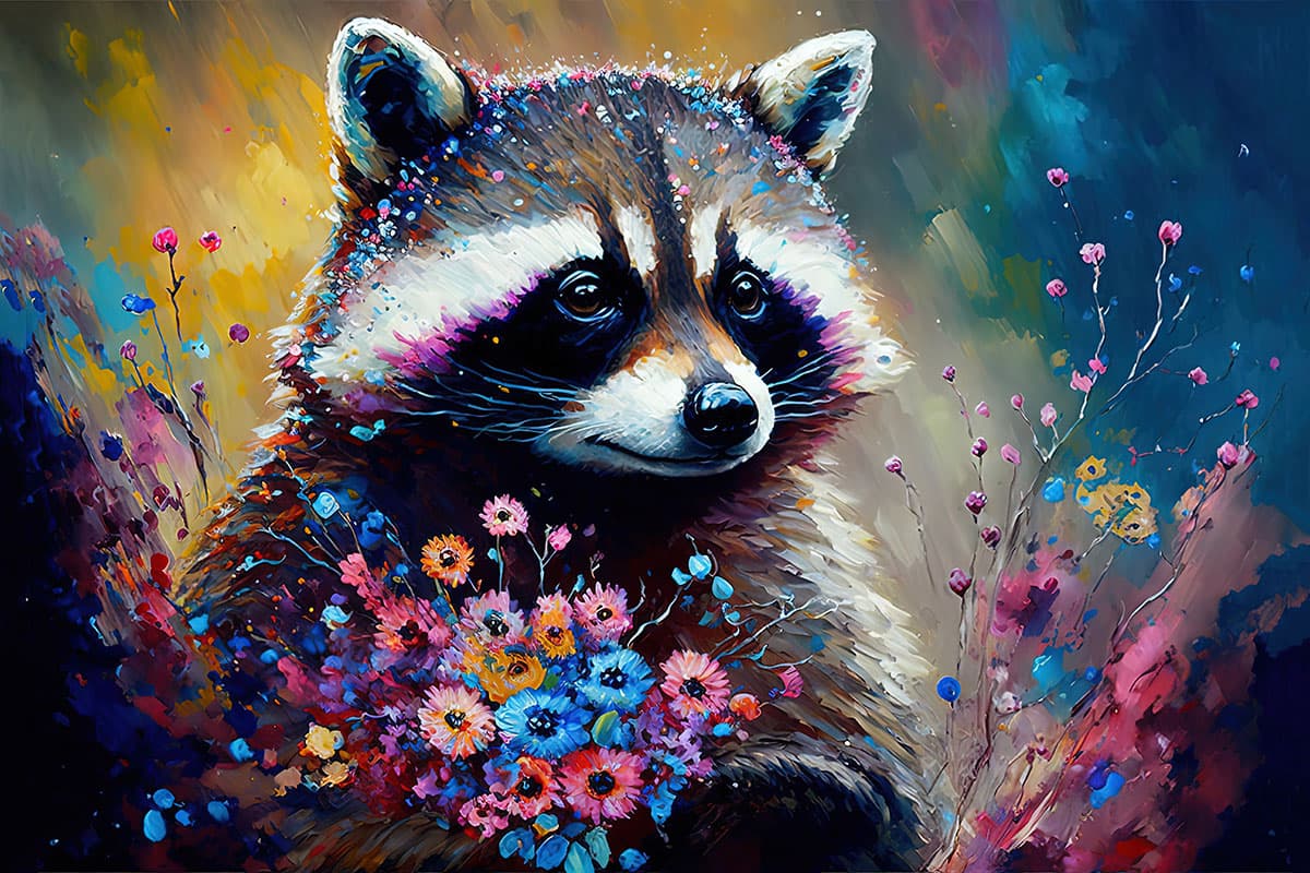 Cute Raccoon Holding Flowers Cartoon Kids Wallpaper pattern detail